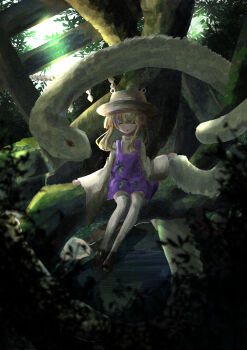1girl :p ^_^ absurdres animal blonde_hair brown_shoes closed_eyes commentary grass hair_ribbon hand_rest hat highres leaf light_rays long_sleeves medium_hair moriya_suwako nettian51 pantyhose petting purple_skirt purple_vest red_ribbon ribbon shirt shoes sitting skirt snake tongue tongue_out touhou tree turtleneck turtleneck_shirt vest white_pantyhose white_shirt white_snake