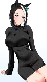 1girl animal_ears black_hair blush breasts commentary_request dress grey_background highres horse_ears horse_girl large_breasts mejiro_ramonu_(umamusume) mole mole_under_eye multicolored_hair nitsutomeo_shinobu parted_lips purple_eyes red_dress ribbed_dress simple_background sitting solo streaked_hair sweater sweater_dress two-tone_hair umamusume white_hair