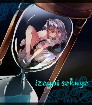 1girl apron black_dress black_shoes bow character_name closed_eyes closed_mouth commentary_request dress frilled_apron frills full_body gears green_bow grey_background grey_hair hair_bow hourglass in_hourglass izayoi_sakuya letterboxed maid maid_headdress shinjitsu_no_kuchi shoes short_hair socks solo touhou white_apron white_socks