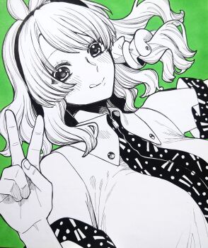 1girl absurdres ahoge antenna_hair bare_shoulders blush breasts collared_shirt curly_hair detached_sleeves frilled_sleeves frills green_background hair_ornament hairband hand_up happy highres japanese_clothes kochiya_sanae large_breasts limited_palette looking_at_viewer medium_hair miko nontraditional_miko shirt simple_background sleeveless snake snake_hair_ornament tongue tongue_out touhou traditional_media v whoru