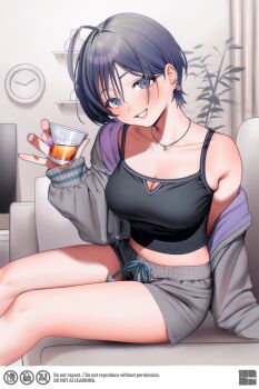 1girl alternate_hair_length_(shorter) black_hair black_tank_top breasts butterfly_earrings cleavage collarbone commentary_request cup drawstring drinking_glass earrings grey_jacket grey_shorts highres holding holding_cup indoors jacket jewelry kisara_(loungewear)_(nijisanji) kisara_(nijisanji) midriff nanja necklace nijisanji off_shoulder official_alternate_costume official_alternate_hairstyle purple_nails short_hair shorts sitting smile solo tank_top virtual_youtuber