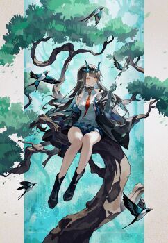 1girl absurdres aqua_horns aqua_skin arknights bird black_boots black_hair boots bracelet chinese_commentary colored_extremities colored_inner_hair colored_skin commentary_request dragon_girl dragon_horns dusk_(arknights) earrings highres horns in_tree jewelry light_blush long_hair multicolored_hair parted_lips pine_tree pointy_ears sitting sitting_in_tree solo tassel tassel_earrings tree umie_(iowae) yellow_eyes