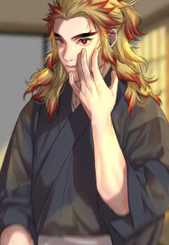 Rule 34 | 1boy, black kimono, blonde hair, blurry, blurry background, closed mouth, commentary request, depth of field, forked eyebrows, hand on own face, hand up, hashimoto (yanagi-momo), indoors, japanese clothes, kimetsu no yaiba, kimono, long hair, long sleeves, looking at viewer, male focus, multicolored hair, parted lips, red eyes, red hair, rengoku kyoujurou, sash, smile, solo, streaked hair, thick eyebrows, two-tone hair, upper body, white sash, wide sleeves