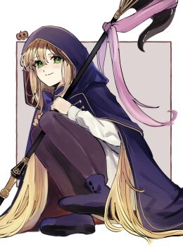1girl 710_ao artoria_caster_(fate) artoria_caster_(second_ascension)_(fate) artoria_pendragon_(fate) black_pantyhose blonde_hair blue_boots blue_bow blue_bowtie blue_cape blue_capelet blue_cloak blue_hat boots bow bowtie cape capelet cloak fate/grand_order fate_(series) full_body green_eyes hat highres holding holding_staff hood hood_up hooded_cape long_hair long_sleeves looking_at_viewer multicolored_cape multicolored_capelet pantyhose shirt smile solo staff staff_of_selection_(fate) very_long_hair white_shirt