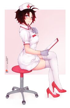 1girl absurdres ass black_hair bluefield blush breasts clipboard crossed_legs female_focus gloves hat high_heels highres lace lace-trimmed_legwear lace_trim looking_at_viewer nurse nurse_cap pen pink_shoes pumps purple_gloves red_footwear ruby_rose rwby shoes short_hair sitting smile solo stool thighhighs white_eyes white_gloves white_thighhighs