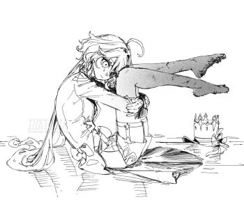 1girl furina_(genshin_impact) genshin_impact hat hugging_own_legs kaimochi0839 long_hair monochrome sitting solo unworn_hat unworn_headwear very_long_hair