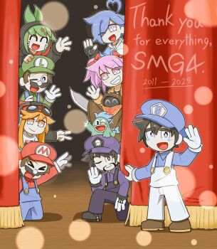 >_< 4girls 5boys ahoge bandana black_hair black_hood blue_eyes blue_hair blue_hat blue_overalls bob_(smg4) bow brown_hair closed_mouth commentary english_commentary english_text facial_hair fingerless_gloves fishy_boopkins gloves goggles goggles_on_head green_hair hair_bow hair_ornament hat headphones heart heart_ahoge hood hooded_dress hoodie long_hair long_sleeves luigi mario mario_(series) meggy_spletzer melony_(smg4) multiple_boys multiple_girls mustache newsboy_cap nintendo open_mouth orange_hair overalls pink_eyes red_eyes saiko_bichitaru shirt short_hair skull smg3_(character) smg4 smg4_(character) smile tail tari_(smg4) teeth twintails urtrro10 white_gloves white_overalls