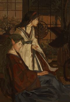 Rule 34 | 2others, alternate costume, androgynous, asian, badge, black eyes, black hair, blue hakama, bonsai, bottle, brown headband, closed eyes, closed mouth, expressionless, feet out of frame, green hair, hairband, hakama, hakama pants, hand on lap, hatsburg, headband, highres, holding, holding bottle, indoors, japanese clothes, kimono, kneeling, leaning forward, len'en, light blush, long hair, long sleeves, looking ahead, multiple others, nostrils, other focus, pants, pointy ears, realistic, red hairband, red hakama, red kimono, red ribbon, ribbon, ribbon-trimmed sleeves, ribbon trim, shouji, sitting, sleeve ribbon, sliding doors, straight hair, sunset, taira no chouki, taira no chouki (living), taira no fumikado, thick eyebrows, thick lips, very long hair, white kimono, wide sleeves