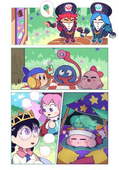 4girls bandana bandana_waddle_dee black_hair blue_bandana blue_hair blush_stickers chuchu_(kirby) copy_ability crown donut drink_carton elfilin fairy fairy_wings flamberge_(kirby) food francisca_(kirby) freckles glasses gooey_(kirby) holding holding_hands holding_juice_box juice_box kirby kirby_(series) long_tongue multiple_girls nintendo pink_hair purple_eyes rayman_limbs red_hair ribbon_(kirby) ripple_star_queen round_eyewear skewedcanvas sleep_kirby spoken_food star_(symbol) tongue tongue_out tree_shade wings