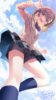 1girl :d absurdres black_skirt black_socks blazer blue_sky bow bowtie brown_eyes brown_hair brown_jacket bucchake_(asami) cloud collared_shirt commentary_request dated from_below grey_skirt hair_between_eyes hair_ornament hairpin hand_up highres jacket kneehighs long_sleeves looking_at_viewer misaka_mikoto open_mouth outdoors plaid_clothes plaid_skirt red_bow red_bowtie school_uniform shirt short_hair shorts shorts_under_skirt skirt sky smile socks solo toaru_kagaku_no_railgun toaru_majutsu_no_index tokiwadai_school_uniform two-tone_skirt white_shirt winter_uniform