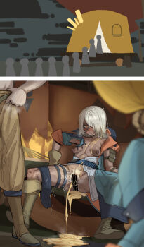 absurdres aftersex ahegao anal_hair bar_censor breasts censored cum cum_in_ass cum_in_pussy cum_pool cumdrip cumdump dark-skinned_female dark_skin ebonyxh female_pubic_hair grey_hair hair_over_one_eye highres medium_hair monster_hunter_(series) monster_hunter_wilds nipples original peeing pubic_hair pussy queue rape rolling_eyes sitting small_breasts eylin_eyla_(ebonyxh) spread_legs tent yellow_eyes