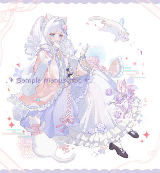 1girl absurdres animal_ears blue_eyes blunt_bangs bow bug butterfly cat cat_ears cat_girl chinese_commentary commentary_request drill_hair flower frills full_body fur_trim gloves hair_bow hair_flower hair_ornament hands_up heise_changmaomao highres insect japanese_clothes kimono lolita_fashion long_hair long_sleeves looking_at_viewer musical_staff original pink_flower pink_kimono rose shoes sitting solo sparkle twin_drills twintails wa_lolita white_cat white_gloves white_hair wide_sleeves wings