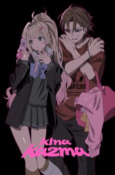 Rule 34 | 1boy, 1girl, betti (xx betti), black skirt, boots, bow, brown hair, hair ornament, hairclip, highres, jacket, jewelry, long hair, original, pants, pleated skirt, school uniform, serafuku, shirt, skirt, transparent background, very long hair, white shirt