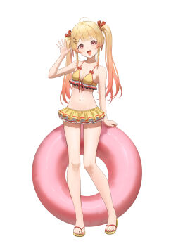 1girl :d absurdres ahoge bare_shoulders bikini blonde_hair breasts commentary_request fortissimo frilled_bikini frills gradient_hair hair_ornament hand_up highres hololive hololive_dev_is long_hair looking_at_viewer multicolored_hair musical_note musical_note_hair_ornament nail_polish navel open_mouth orange_hair otonose_kanade red_nails simple_background small_breasts smile solo swimsuit tokaki twintails virtual_youtuber white_bikini