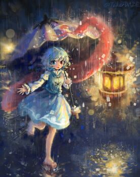 1girl :p absurdres blue_eyes blue_hair blue_vest blush brown_sandals chinese_commentary commentary_request geta heterochromia highres holding holding_umbrella juliet_sleeves karakasa_obake leg_up long_sleeves looking_at_viewer puffy_sleeves purple_umbrella rain red_eyes sandals solo takerdaze tatara_kogasa tongue tongue_out touhou umbrella vest