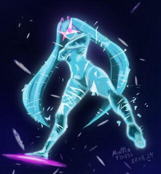 1girl absurdres aqua_hair chou_tengen_toppa_gurren-lagann commentary crossed_arms english_commentary galaxy giant giantess hatsune_miku highres kamina_pose long_hair muffin_toast pointing pointing_up simon_shades solo spiral_power tengen_toppa_gurren-lagann_(mecha) tengen_toppa_gurren_lagann triangular_eyewear twintails very_long_hair vocaloid worldwide_miku