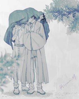 2boys arm_wrap asagiri_gen bandaged_arm bandaged_head bandages belt blurry chinese_clothes cloak covered_face depth_of_field dr._stone e=mc2_(equation) hands_in_opposite_sleeves implied_kiss implied_yaoi ishigami_senkuu japanese_clothes kimono kiss kiyuuu_09 long_sleeves male_focus monochrome multicolored_hair multiple_boys outdoors pants rain robe shared_clothes shoes short_hair standing toggles tree twitter_username two-tone_hair yaoi