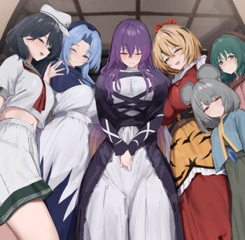 Rule 34 | 258n, 6+girls, ;), absurdres, animal ears, animal print, black dress, black hair, blonde hair, blue capelet, blue eyes, blue hair, breasts, brown eyes, capelet, dress, green eyes, green hair, grey hair, hair ornament, highres, hijiri byakuren, indoors, kasodani kyouko, kumoi ichirin, large breasts, layered dress, long hair, looking at viewer, medium hair, mouse ears, mouse girl, multicolored hair, multiple girls, murasa minamitsu, nazrin, one eye closed, open mouth, purple hair, red eyes, shirt, short hair, shorts, sidelocks, smile, streaked hair, tiger print, toramaru shou, touhou, undefined fantastic object, white dress, white shirt, white shorts