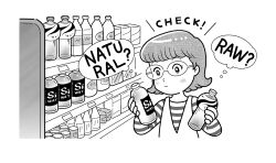 Rule 34 | 1girl, bottle, can, closed mouth, cropped torso, english text, eyelashes, glasses, greyscale, holding, holding bottle, kubotateru, long sleeves, looking at food, monochrome, original, shirt, short hair, solo, striped clothes, striped shirt, thought bubble, vest