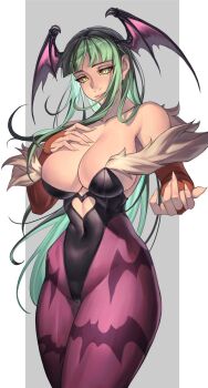 Rule 34 | 1girl, animal print, bare shoulders, bat print, bat wings, black leotard, breasts, bridal gauntlets, cleavage, closed mouth, clothing cutout, commentary, darkstalkers, demon girl, fur-trimmed leotard, fur trim, green eyes, green hair, head wings, heart cutout, highleg, highleg leotard, highres, large breasts, leotard, long hair, looking at viewer, morrigan aensland, navel, off-shoulder leotard, pantyhose, print pantyhose, purple pantyhose, purple wings, smile, solo, temoc, wings