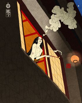 1girl absurdres architecture black_hair breasts building collarbone commentary east_asian_architecture english_commentary from_below highres holding holding_smoking_pipe kiseru long_hair mixed-language_commentary night open_mouth original sei5osuzuki smoke smoking_pipe solo topless_female window