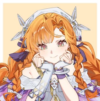 1girl arm_support asymmetrical_gloves bare_shoulders border bracelet braid commentary curtained_hair earrings elbow_gloves eyelashes fingerless_gloves furaiebi gloves gold_earrings green_eyes hat head_rest highres ibispaint_(medium) jacket jewelry long_hair looking_at_viewer making-of_available off-shoulder_jacket off_shoulder orange_background orange_hair pointy_ears ribbon side_braids sigrika_(wuthering_waves) smile solo tassel twin_braids white_border white_gloves white_hat white_jacket white_ribbon wuthering_waves