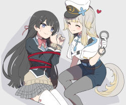 Rule 34 | 2girls, black hair, black jacket, blazer, blonde hair, blue eyes, blue shorts, blush, bound, bound arms, bow, bowtie, closed mouth, cowboy shot, cuffs, facing another, from above, gloves, gradient hair, grey hair, grey skirt, hair ornament, hairpin, half gloves, half updo, handcuffs, hat, holding, holding handcuffs, jacket, long hair, looking at another, lying, miniskirt, multicolored hair, multiple girls, nijisanji, on side, open clothes, open jacket, peaked cap, pink bow, pink bowtie, plaid, plaid skirt, pleated skirt, ribbon, ribbon bondage, school uniform, shioriha ruri, shirt, shorts, sitting, skirt, smile, sou (tuhut), straight hair, sweatdrop, sweater, tsukino mito, virtual youtuber, white gloves, white hat, white jacket, white shirt, yellow sweater