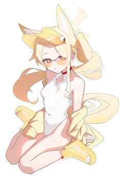 1girl above-cleavage_cutout absurdres animal_ear_fluff animal_ears bird blue_archive clothing_cutout commentary commentary_request covered_navel cross_halo diamond_cutout english_commentary forehead fox_ears fox_girl full_body fuyukey halo highleg highleg_one-piece_swimsuit highres jacket long-tailed_tit looking_at_viewer mixed-language_commentary official_alternate_costume official_alternate_hairstyle one-piece_swimsuit open_mouth orange-tinted_eyewear sandals seia_(blue_archive) seia_(swimsuit)_(blue_archive) simple_background sitting solo sunglasses swimsuit tinted_eyewear tit_(bird) visor_cap white_background white_one-piece_swimsuit yellow_halo yellow_jacket yellow_sandals yellow_visor