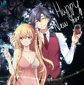 1boy 1girl alisa_reinford black_hair blonde_hair breasts cleavage closed_eyes cocktail_dress commentary couple cup dress drinking_glass eiyuu_densetsu english_commentary happy_new_year highres light_smile long_hair new_year rean_schwarzer red_eyes red_vest sen_no_kiseki sen_no_kiseki_(series) sen_no_kiseki_i sen_no_kiseki_ii simple_background spirit_rise two_side_up vest