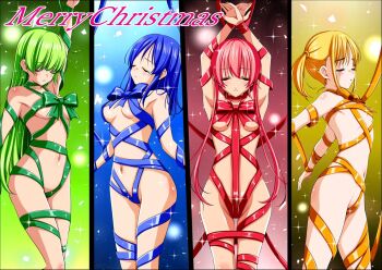4girls blonde_hair blue_hair blue_ribbon breasts closed_eyes clover_cobalt clover_leaf clover_mari clover_rose commentary_request covered_erect_nipples covered_pussy cowboy_shot green_hair green_ribbon hasumi_ren_(clover_rose) koeda0111 long_sidelocks medium_breasts merry_christmas multiple_girls naked_ribbon navel nude original parted_lips peril pink_hair pink_ribbon ribbon shibari shimono_aoi short_hair_with_long_locks sidelocks small_breasts sparkle tendou_erika twintails unconscious underboob utsugi_chisaki very_long_sidelocks yellow_ribbon yotsuba_no_senki_clover_rose