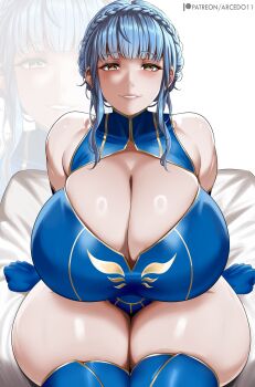 1girl absurdres arcedo blue_hair breasts cleavage cleavage_cutout clothing_cutout curvy elbow_gloves female_focus fire_emblem fire_emblem:_three_houses gloves highres huge_breasts leotard looking_at_viewer marianne_von_edmund nintendo short_hair sitting skindentation solo thick_thighs thighhighs thighs wide_hips yellow_eyes