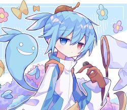 Rule 34 | 1boy, blue hair, bug, butterfly net, closed mouth, expressionless, futaba969649, hand net, insect, ladybug, long sleeves, looking at viewer, puyopuyo, red eyes, rhinoceros beetle, short hair, sig (puyopuyo), solo, upper body