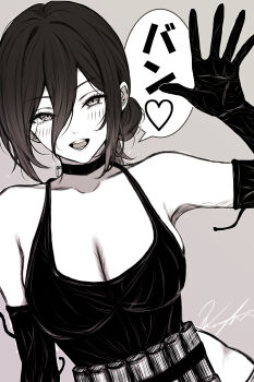 1girl arm_up armpits blush bomb_devil_(chainsaw_man) breasts chainsaw_man choker cleavage collarbone commentary_request elbow_gloves gloves grenade_pin greyscale hair_between_eyes highres koya_(koya_x_00) long_hair_between_eyes looking_at_viewer medium_breasts monochrome reze_(chainsaw_man) signature simple_background smile solo speech_bubble teeth translation_request