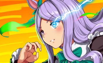 1girl animal_ears blue_eyes commentary_request frills glowing glowing_eye gumakara hair_intakes heterochromia horse_ears horse_girl long_hair mejiro_mcqueen_(umamusume) portrait profile purple_eyes purple_hair smile solo symbol-shaped_pupils umamusume