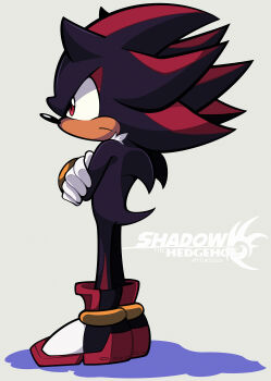 1boy absurdres angry artist_name character_name closed_mouth commentary copyright_name crossed_arms english_commentary full_body furry furry_male grey_background highres male_focus red_eyes shadow shadow_the_hedgehog shadow_the_hedgehog_(game) shoes solo sonic_(series) standing white_shoes woofzilla