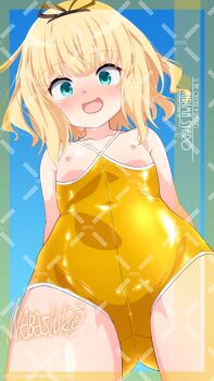 1girl adversarial_noise alternate_costume backwards_one-piece_swimsuit black_ribbon blonde_hair blue_eyes commentary_request cowboy_shot flat_chest gochuumon_wa_usagi_desu_ka? hair_ribbon highres inaba_shiki kirima_syaro loli looking_at_viewer nipples one-piece_swimsuit open_mouth paid_reward_available ribbon short_hair solo swimsuit yellow_one-piece_swimsuit