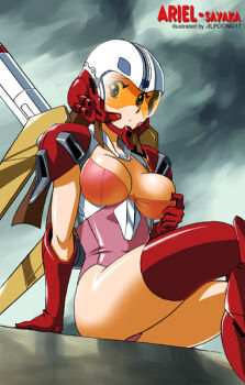 1girl ariel armor assault_visor breasts cleavage cosplay female_focus helmet jilpoong17 large_breasts leotard mazinger_(series) mazinger_z mecha red_armor robot solo thighhighs visor yumi_sayaka