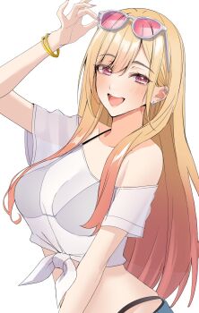 1girl bare_shoulders bikini bikini_under_clothes black_bikini blonde_hair blush cowboy_shot ear_piercing earrings eyewear_on_head gradient_hair highres jewelry kitagawa_marin long_hair midriff multicolored_hair nakano_kura off_shoulder piercing pink-tinted_eyewear pink_hair purple_eyes see-through_clothes see-through_shirt shirt simple_background solo sono_bisque_doll_wa_koi_wo_suru sunglasses swimsuit tinted_eyewear two-tone_hair white_background white_shirt