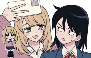 1boy 1girl :d :o black_eyes black_hair black_skirt black_socks blazer blonde_hair blue_jacket blush brown_eyes cellphone chibi chibi_inset collared_shirt crossdressing crossdressing_(mtf) full_body futsuu_no_keion-bu hatono_chihiro holding holding_phone jacket jitome kiui_(yamad_sculpt) long_hair looking_at_another medium_hair multiple_views neck_ribbon open_mouth phone red_ribbon ribbon selfie shirt side_ahoge simple_background skirt small_sweatdrop smartphone smile socks standing sweater swept_bangs takami_kouki trap upper_body v-shaped_eyebrows white_background white_shirt