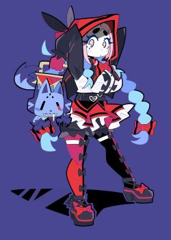 absurdres basket belt big_bad_wolf black_bloomers black_cape black_shoes black_socks bloomers blue-chan_(bourbunbun) blue_eyeliner blue_eyes blue_hair bourbunbun bow braid breasts cape center_frills colored_eyelashes colored_skin commentary creature english_commentary eyeliner frills halftone highres large_breasts little_red_riding_hood_(fairy_tale_character) makeup mascot multicolored_hair original pink_eyes pink_hair red_hood red_skirt red_socks shirt shoes skirt socks twin_braids two-tone_hair underwear white_shirt white_skin wolf