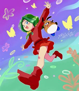1girl air_bubble bacchusquall blue_eyes boots brooch bubble bug butterfly character_name commentary_request coral creature curtained_hair dated dutch_angle from_below green_hair insect jewelry long_sleeves looking_at_another looking_at_creature low_twintails medium_hair miniskirt open_hands open_mouth outstretched_arms plant red_boots red_shirt red_skirt running shirt skirt smile spread_arms timon_(yadamon) twintails yadamon yadamon_(character)