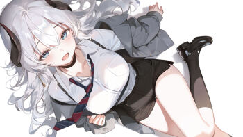 Rule 34 | 1girl, animal ears, black choker, black shoes, black shorts, black socks, blue eyes, breast pocket, breasts, chest harness, choker, collared shirt, from above, goat ears, goat horns, grey jacket, harness, highres, horns, jacket, kneehighs, large breasts, long hair, long sleeves, looking at viewer, looking up, necktie, neiless neiro, off shoulder, open mouth, original, pocket, shirt, shirt tucked in, shoes, short shorts, shorts, simple background, smile, socks, solo, thighs, white background, white hair, white shirt