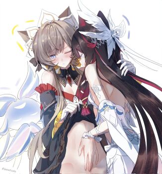 Rule 34 | 1other, 2girls, animal ears, bare shoulders, black hair, blue eyes, bottomless, breasts, brown hair, cat ears, closed eyes, closed mouth, clothes lift, columbina (genshin impact), detached collar, detached sleeves, dress, dress lift, eye mask, genshin impact, gloves, groin, hair ornament, hand on another's back, hand on another's stomach, head wings, headdress, hereactivate, highres, long hair, long sleeves, mask, multicolored hair, multiple girls, one eye closed, out-of-frame censoring, pink hair, ribbon, sandrone (genshin impact), simple background, streaked hair, two-tone hair, very long hair, white background, white dress, white gloves, white mask, wings, yuri