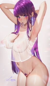 1girl adjusting_hair armpits arms_behind_head arms_up blunt_bangs bottomless breasts camisole cleavage closed_mouth collarbone commentary cowboy_shot english_commentary female_pubic_hair fern_(sousou_no_frieren) hair_lift hair_tie_in_mouth hand_in_own_hair hands_in_own_hair highres holding holding_own_hair large_breasts liremi long_hair looking_at_viewer mouth_hold navel nipples pubic_hair purple_eyes purple_hair pussy see-through_camisole see-through_clothes signature solo sousou_no_frieren straight_hair tying_hair very_long_hair white_camisole