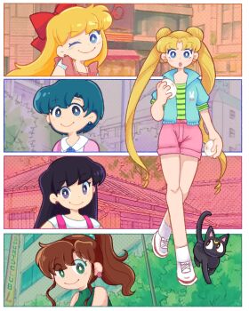 5girls :o ;) absurdres aino_minako bishoujo_senshi_sailor_moon blonde_hair blue_eyes blue_hair blue_jacket bow brown_hair cat closed_mouth commentary crabpinches double_bun earrings english_commentary food green_eyes green_shirt hair_bow hair_bun heart heart_earrings highres hino_rei holding holding_food jacket jewelry kino_makoto long_hair looking_at_viewer luna_(sailor_moon) mizuno_ami multiple_girls one_eye_closed open_clothes open_jacket open_mouth pink_shorts ponytail purple_eyes purple_hair red_bow shirt shoes short_hair shorts smile steamed_bun striped_clothes striped_shirt stud_earrings tsukino_usagi twintails very_long_hair white_shoes