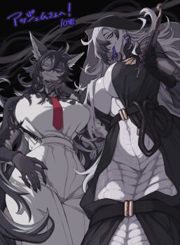 10den 2girls animal_ears belt black_belt black_hair blue_eyes breasts commentary forked_tongue hair_between_eyes hair_over_one_eye hand_on_own_hip highres huge_breasts lamia long_hair looking_at_viewer looking_down mole mole_under_mouth monster_girl multicolored_hair multiple_girls navel necktie open_mouth original purple_eyes red_necktie sharp_teeth tail tall_female teeth tongue tongue_out white_hair wide_hips