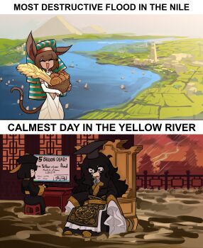 Rule 34 | 3girls, absurdres, anubis (mythology), armlet, bread, brown hair, centurii-chan, chinese (nationality), chinese clothes, clothing cutout, dog girl, egyptian hat, female focus, flood, food, hat, highres, historical event, jewelry, lighting bolt, long hair, medium hair, meme, multiple girls, navel cutout, original, partially submerged, pyramid (structure), sitting, standing, storm, tail, throne