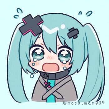 1girl batsu_miku blue_background blue_eyes blue_hair blush chibi chibi_only commentary cropped_torso crying crying_with_eyes_open double-parted_bangs flying_sweatdrops grey_shirt hair_between_eyes hair_ornament hatsune_miku kowareta_sekai_to_utaenai_miku long_hair moca_mame39 open_mouth project_sekai shirt simple_background solo tears twintails twitter_username vocaloid x_hair_ornament