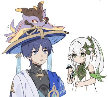 1girl 2boys anemo_symbol_(genshin_impact) aqua_gem armlet asymmetrical_sidelocks bare_shoulders black_bodysuit black_hair blue_cape blue_hat blue_jingasa blue_kimono blunt_ends bodysuit bright_pupils cape choppy_bangs closed_mouth covered_collarbone cross-shaped_pupils detached_sleeves dottore_(genshin_impact) dragon dragon_on_head dress durin_(genshin_impact) eyelashes gem genshin_impact gold gold_armlet gold_trim green_eyes green_hair green_pupils green_sleeves hand_up hat hatching_(texture) highres holding holding_mini_person japanese_clothes jewelry jingasa juban kimono long_hair looking_at_animal looking_at_another lungonata mandarin_collar mini_durin_(genshin_impact) mini_person miniboy multicolored_hair multiple_boys nahida_(genshin_impact) open_clothes open_kimono pointy_ears purple_eyes purple_rope rope scaramouche_(genshin_impact) shoulder_peek side_cape side_ponytail sidelocks small_dragon smile streaked_hair symbol-shaped_pupils tail tail_wagging tareme tsurime wanderer_(genshin_impact) white_background white_dress white_hair white_kimono white_pupils white_sleeves white_trim