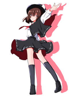 Rule 34 | 1girl, ankle socks, asymmetrical sidelocks, black cape, black hat, black shoes, black skirt, black socks, bone vone, bow, brown hair, cape, capelet, collared shirt, commentary, eyes visible through hair, full body, hair bow, hat, hat bow, highres, looking back, medium hair, necktie, pointing, red capelet, red eyes, red necktie, red skirt, ribbon-trimmed capelet, ribbon-trimmed skirt, ribbon trim, shadow, shirt, shirt tucked in, shoes, sidelocks, skirt, smile, socks, solo, touhou, two-sided capelet, two-sided fabric, two-sided skirt, usami renko, white background, white shirt